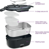 Salton - 1.5 L Black 3-in-1 Portable Electric Lunchbox with Fork & Spoon - SP2111