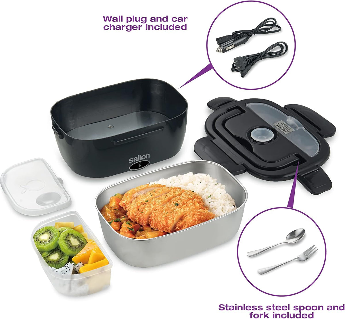 Salton - 1.5 L Black 3-in-1 Portable Electric Lunchbox with Fork & Spoon - SP2111