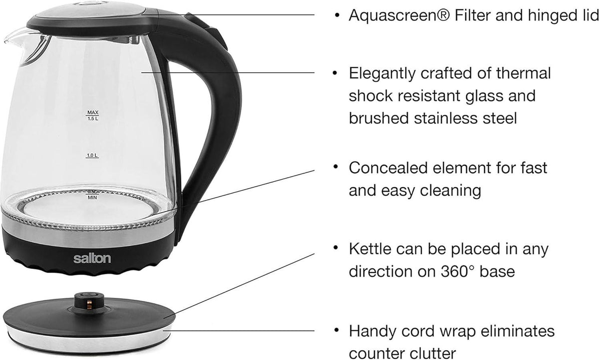 Salton - 1.5 L Cordless Electric Glass Kettle - GK1831