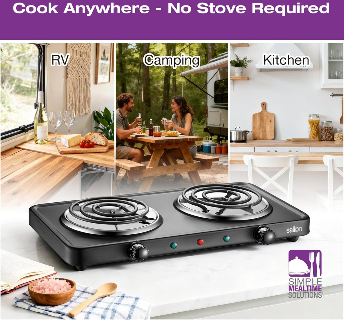 Salton - 7.4" Double Burner Black Portable Cooktop - HP1941