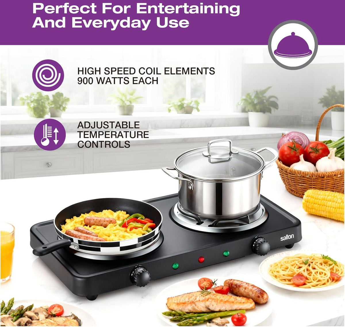 Salton - 7.4" Double Burner Black Portable Cooktop - HP1941