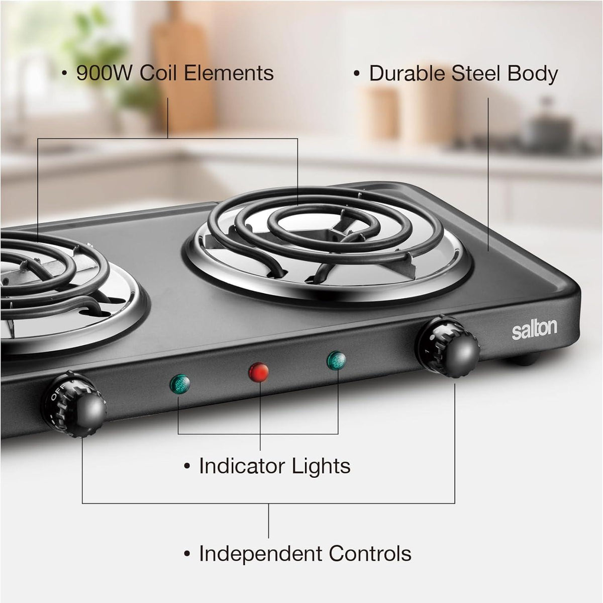 Salton - 7.4" Double Burner Black Portable Cooktop - HP1941