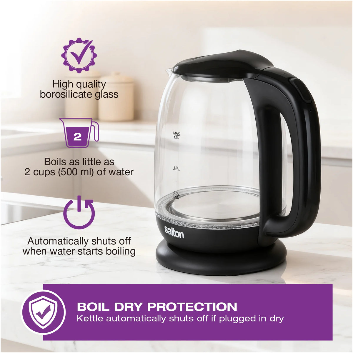 Salton - Cordless Electric 1.7 L Glass Kettle - GK2182