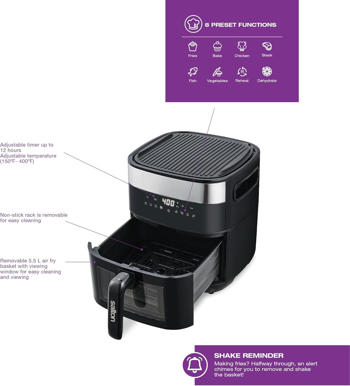 Salton - Flip and Cook 3-in-1 5.8 QT Air Fryer, Grill, & Dehydrator - AF2154