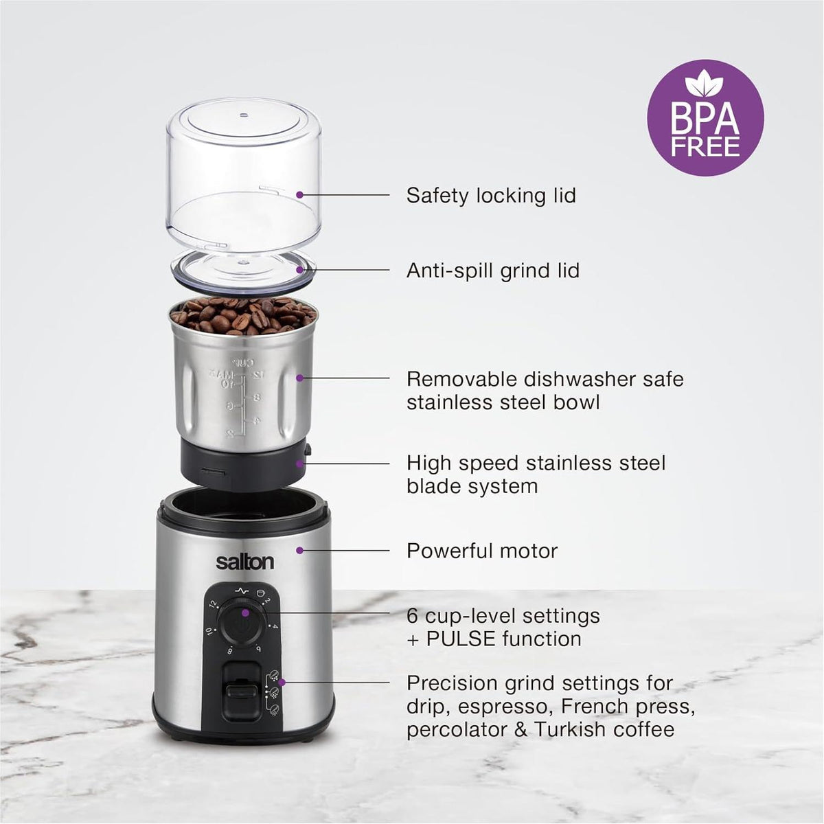 Salton - Stainless Steel Smart Coffee Grinder - CG2123
