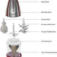 Salton - WizNMix All-in-One Red Food Processor, Chopper, Mini Blender - FP2102RD