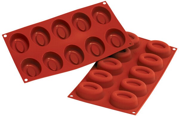 Silikomart - 2.6" x 1.9" x 0.9" Silicone 10 Compartment Medium Oval Savarin Baking Mold - SF084