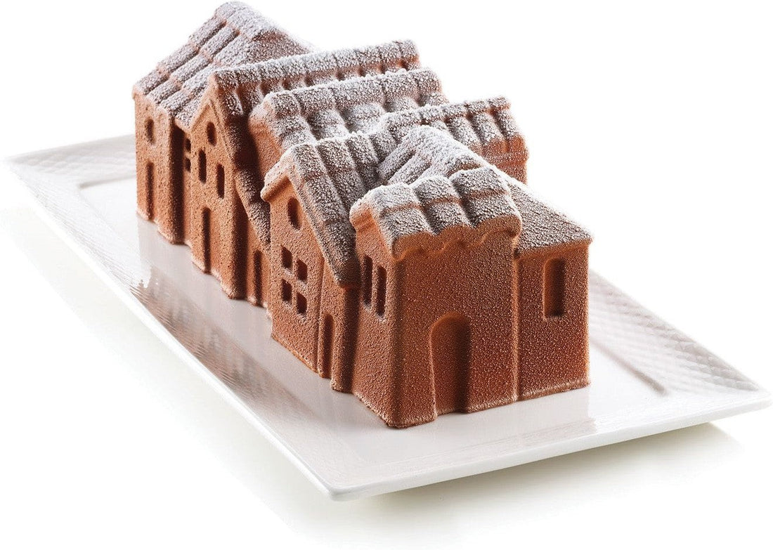 Silikomart - 9.4" x 3.9" x 3.2" Silicone Winter Village Baking Mold With Plastic Support - WINTER VILLAGE