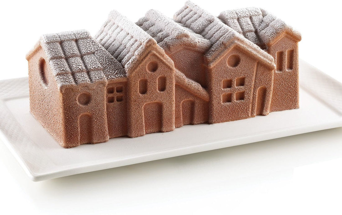 Silikomart - 9.4" x 3.9" x 3.2" Silicone Winter Village Baking Mold With Plastic Support - WINTER VILLAGE