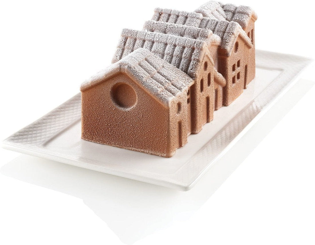 Silikomart - 9.4" x 3.9" x 3.2" Silicone Winter Village Baking Mold With Plastic Support - WINTER VILLAGE