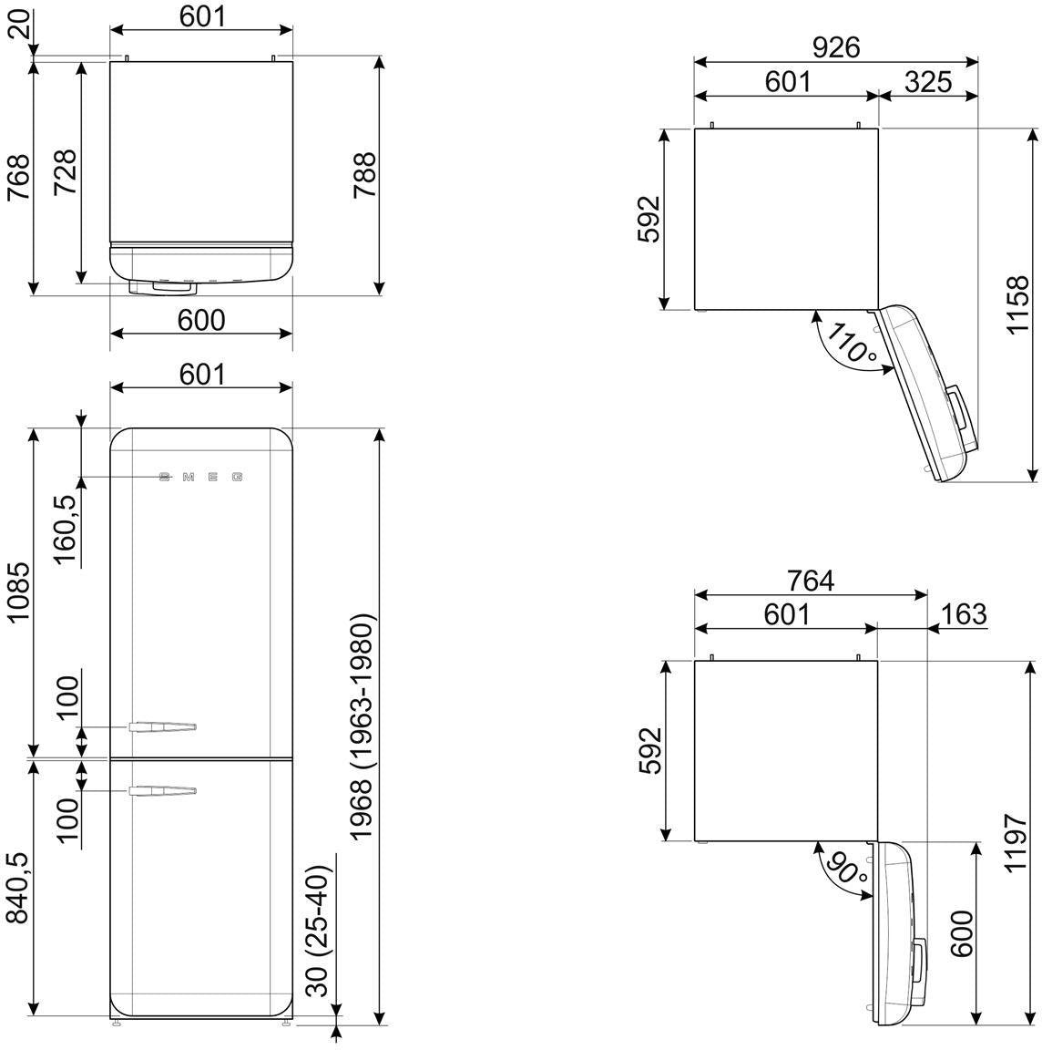 Smeg - 24" 50's Retro Style No Frost RefrigeratorRight Hinge Black - FAB32URBL3 (Special Order Item)