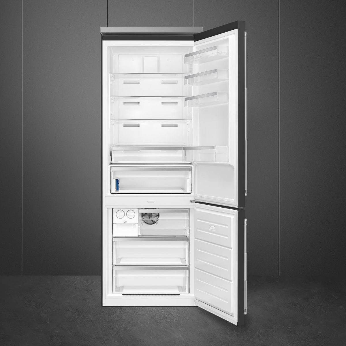 Smeg - 27" Bottom Mount Black Matte Right Hinge Fridge with Pro Handles - BM27URMB