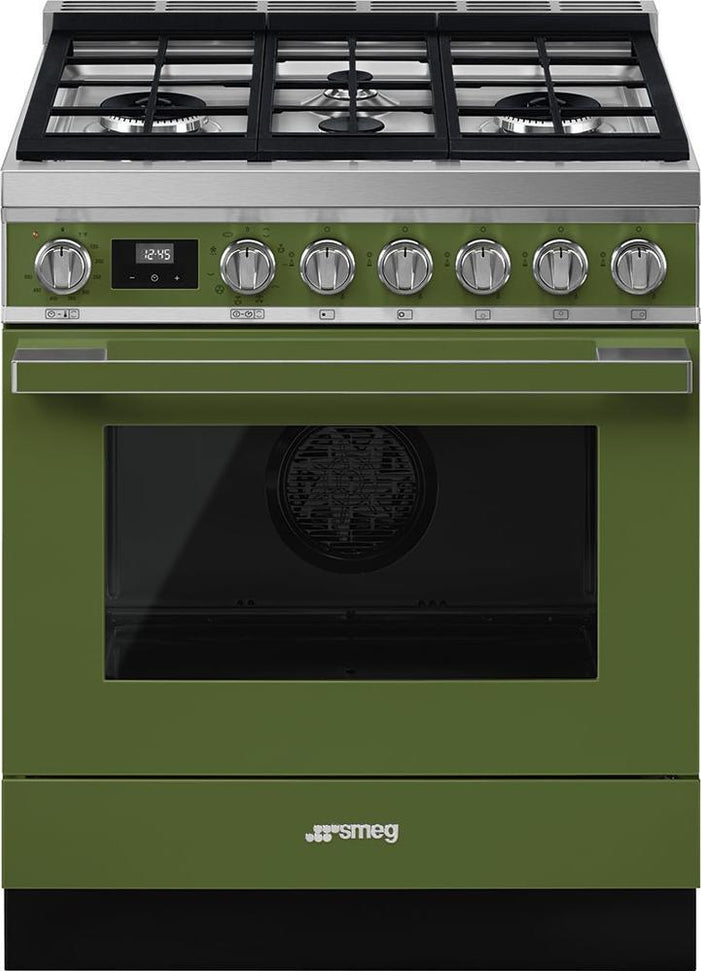 Smeg - Portofino 30" Green Stainless Steel 4-Burner Dual Fuel Range - CPF30UGMOG (Special Order Item)