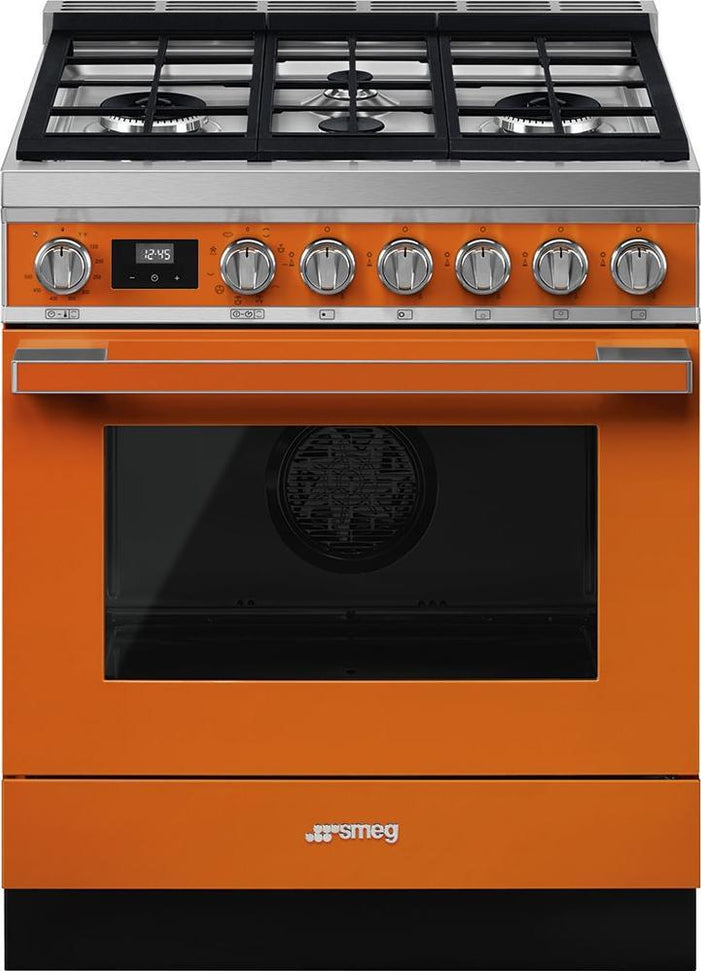 Smeg - Portofino 30" Orange Stainless Steel 4-Burner Dual Fuel Range - CPF30UGMOR (Special Order Item)