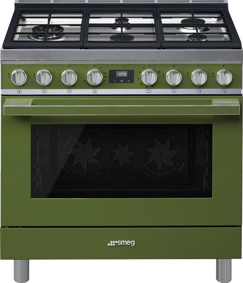 Smeg - Portofino 36" Green Stainless Steel 5-Burner Dual Fuel Range - CPF36UGMOG (Special Order Item)