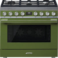 Smeg - Portofino 36" Green Stainless Steel 5-Burner Dual Fuel Range - CPF36UGMOG (Special Order Item)