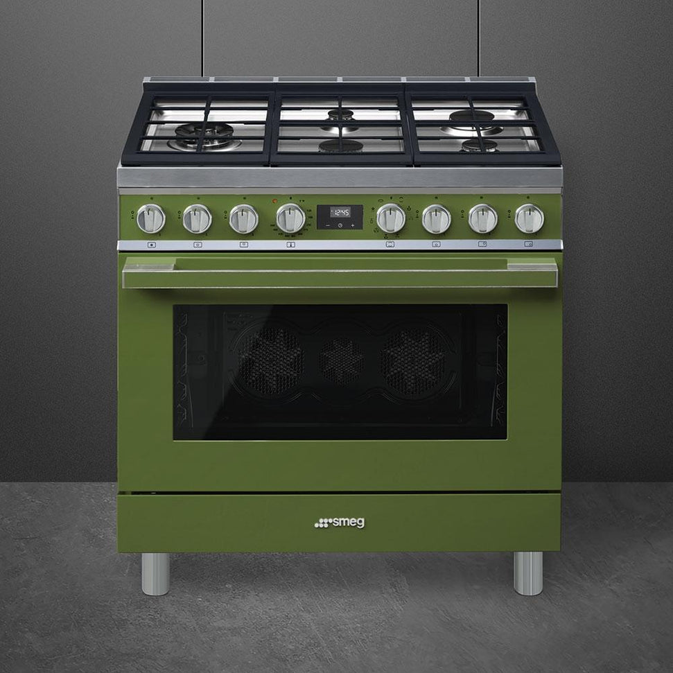 Smeg - Portofino 36" Green Stainless Steel 5-Burner Dual Fuel Range - CPF36UGMOG (Special Order Item)
