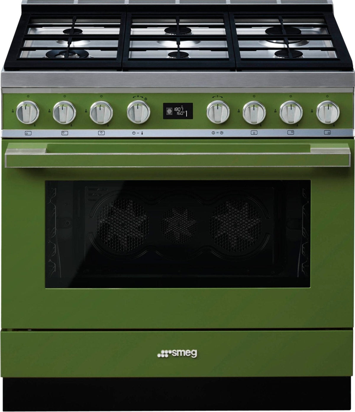 Smeg - Portofino 36" Green Stainless Steel 5-Burner Dual Fuel Range - CPF36UGMOG (Special Order Item)