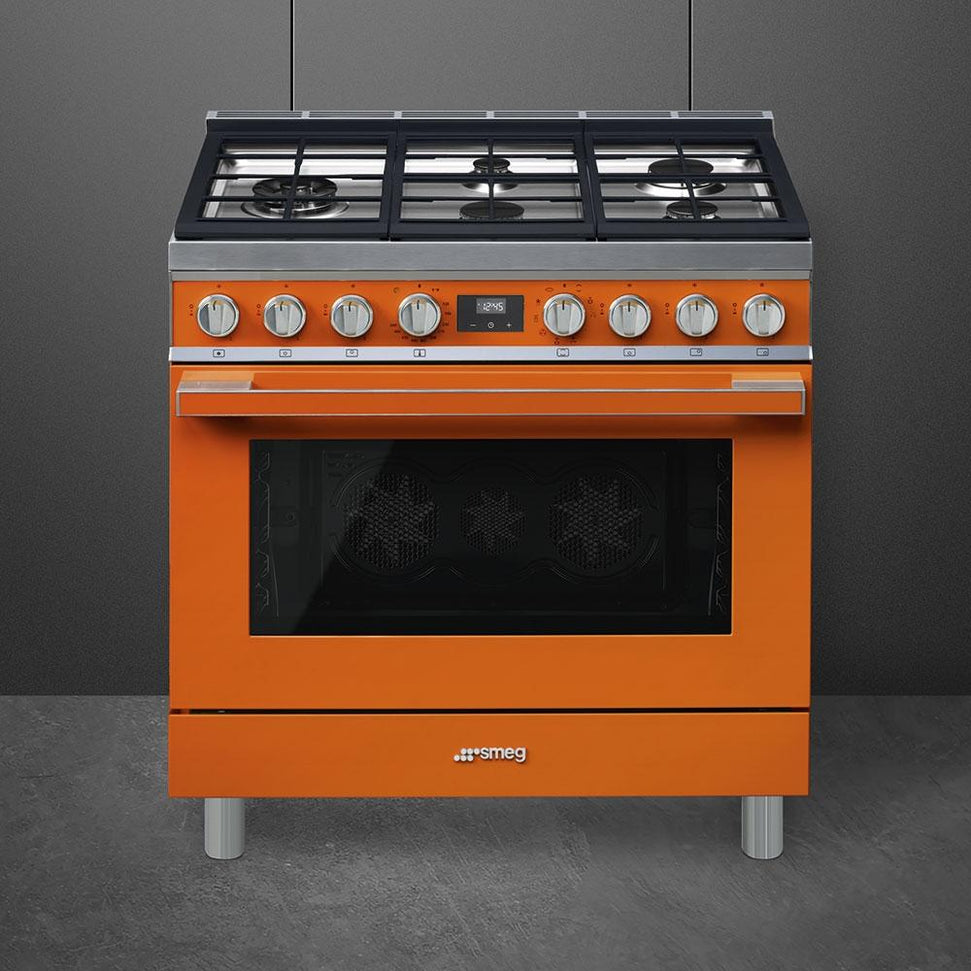 Smeg - Portofino 36" Orange Stainless Steel 5-Burner Dual Fuel Range - CPF36UGMOR (Special Order Item)