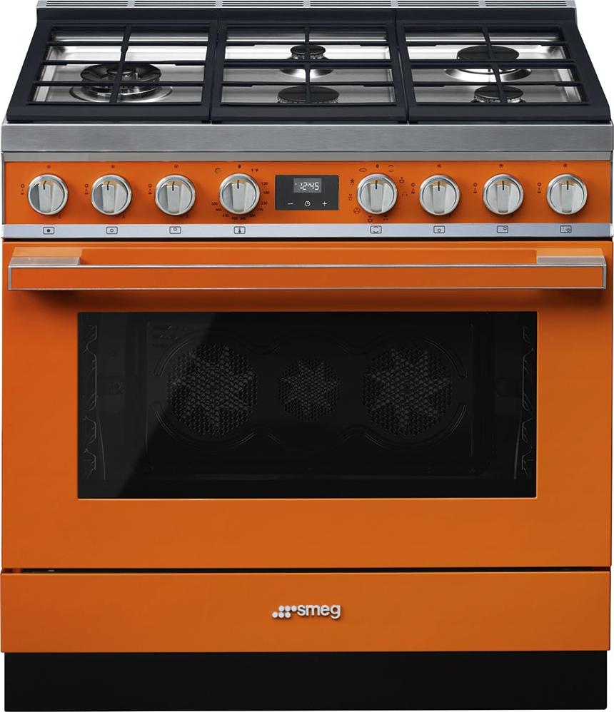 Smeg - Portofino 36" Orange Stainless Steel 5-Burner Dual Fuel Range - CPF36UGMOR
