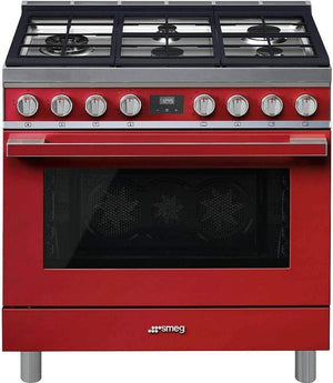 Smeg - Portofino 36" Red Stainless Steel 5-Burner Dual Fuel Range - CPF36UGMR