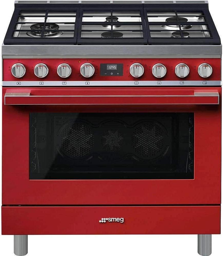 Smeg - Portofino 36" Red Stainless Steel 5-Burner Dual Fuel Range - CPF36UGMR (Special Order)