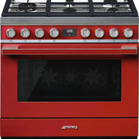 Smeg - Portofino 36" Red Stainless Steel 5-Burner Dual Fuel Range - CPF36UGMR (Special Order)