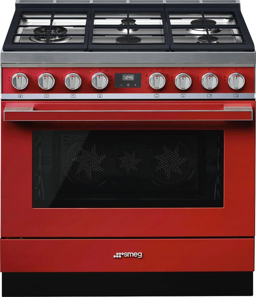 Smeg - Portofino 36" Red Stainless Steel 5-Burner Dual Fuel Range - CPF36UGMR