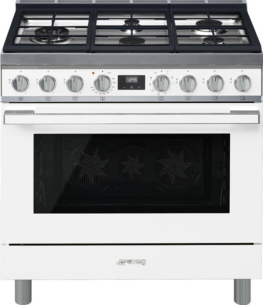 Smeg - Portofino 36" White Stainless Steel 5-Burner Dual Fuel Range - CPF36UGMWH (Special Order)