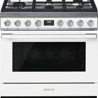 Smeg - Portofino 36" White Stainless Steel 5-Burner Dual Fuel Range - CPF36UGMWH (Special Order)