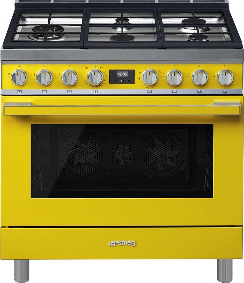 Smeg - Portofino 36" Yellow Stainless Steel 5-Burner Dual Fuel Range - CPF36UGMYW (Special Order Item)