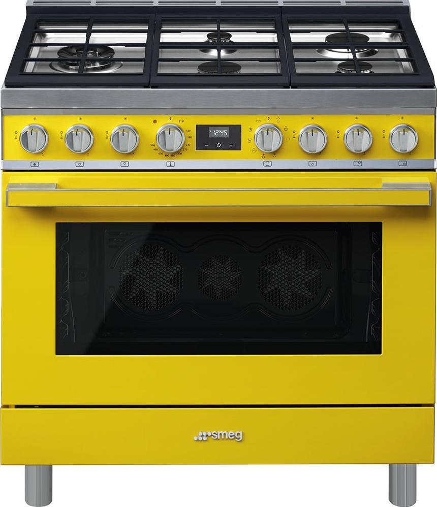 Smeg - Portofino 36" Yellow Stainless Steel 5-Burner Dual Fuel Range - CPF36UGMYW (Special Order Item)
