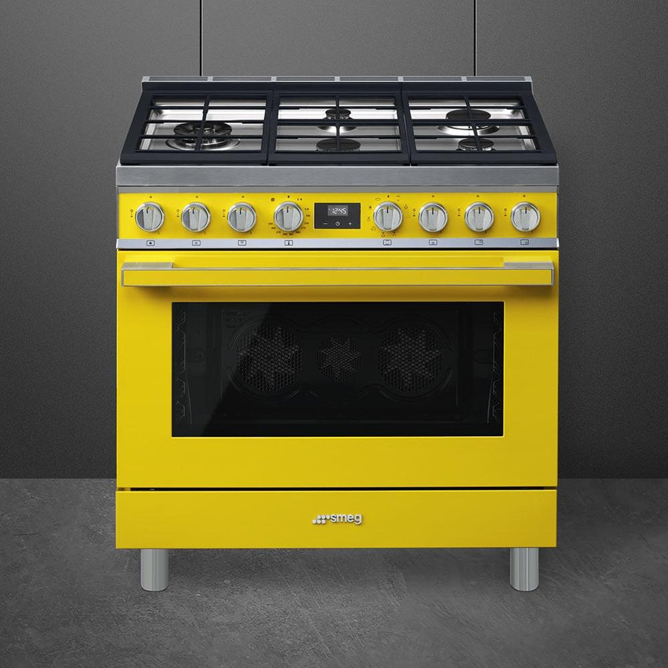 Smeg - Portofino 36" Yellow Stainless Steel 5-Burner Dual Fuel Range - CPF36UGMYW (Special Order Item)