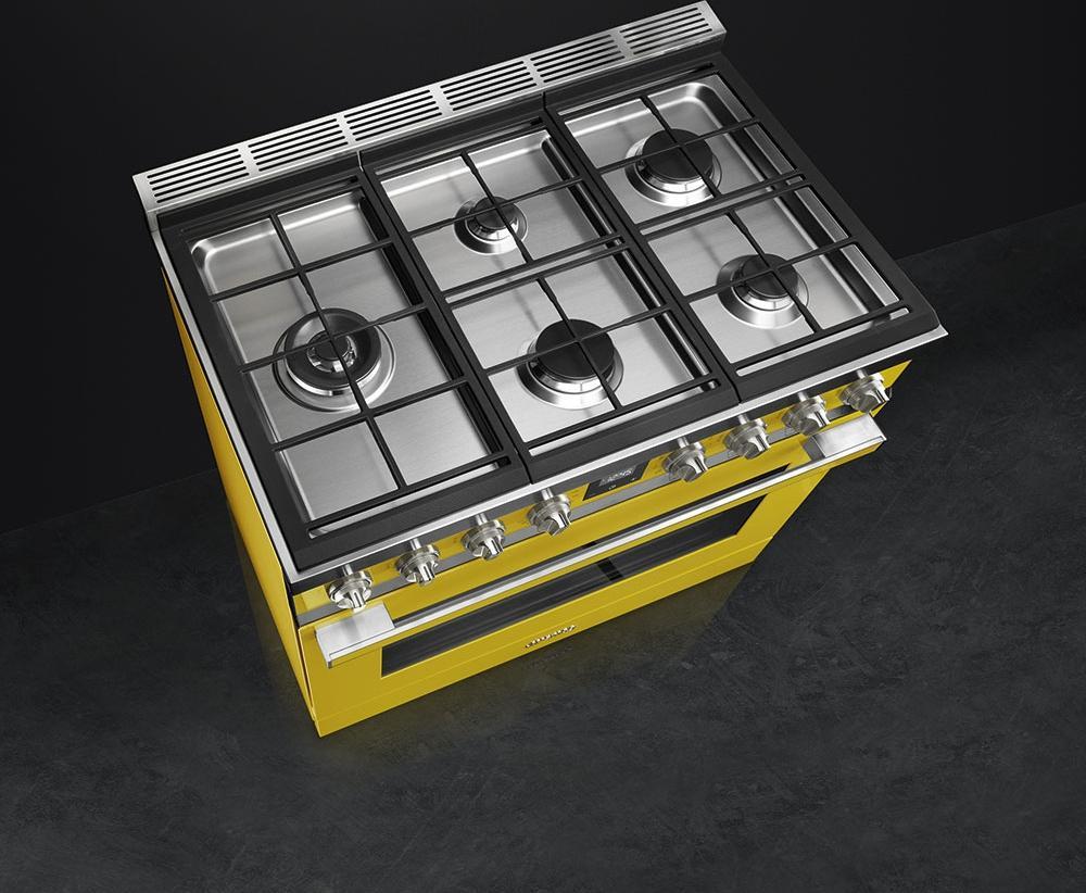 Smeg - Portofino 36" Yellow Stainless Steel 5-Burner Dual Fuel Range - CPF36UGMYW (Special Order Item)
