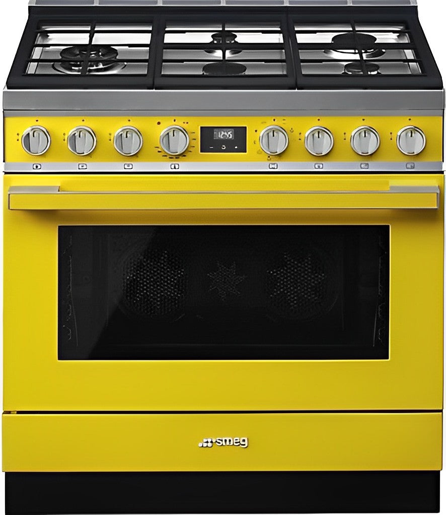 Smeg - Portofino 36" Yellow Stainless Steel 5-Burner Dual Fuel Range - CPF36UGMYW (Special Order Item)