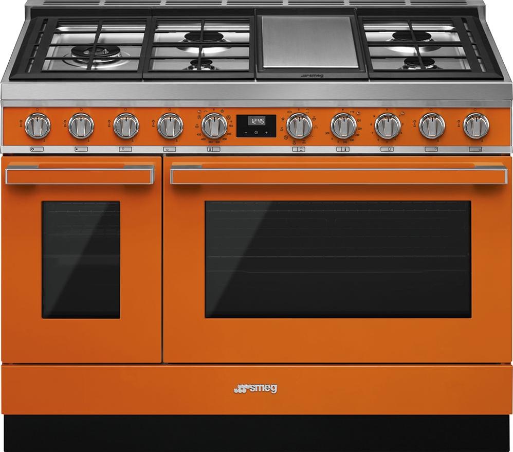 Smeg - Portofino 48" Orange Stainless Steel 5-Burner Dual Fuel Range - CPF48UGMOR (Special Order Item)