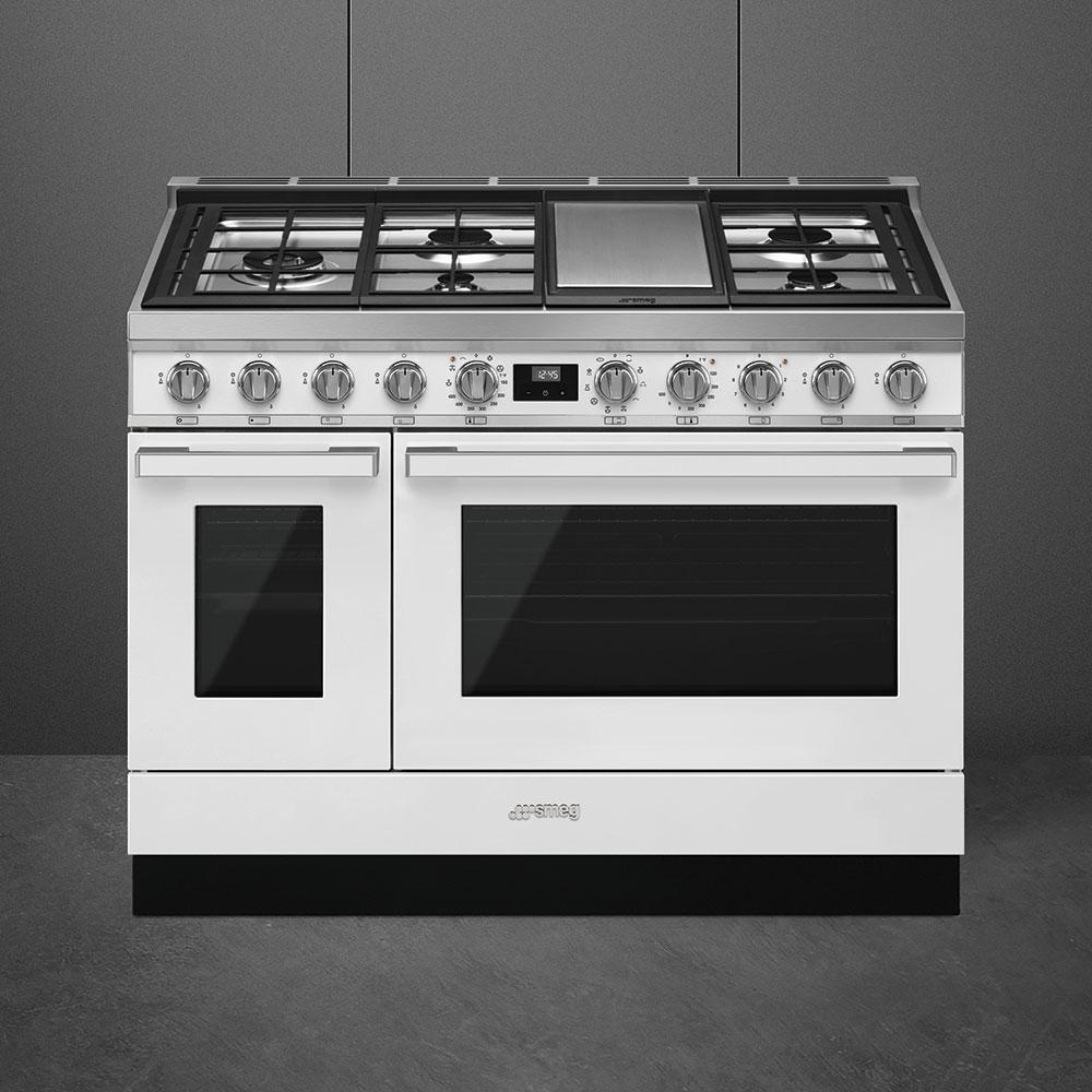 Smeg - Portofino 48" White Stainless Steel 5-Burner Dual Fuel Range - CPF48UGMWH (Special Order Item)