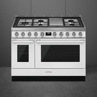 Smeg - Portofino 48" White Stainless Steel 5-Burner Dual Fuel Range - CPF48UGMWH (Special Order Item)