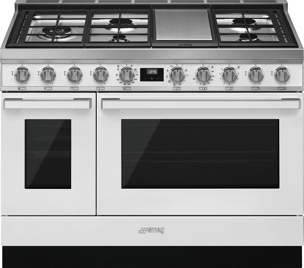 Smeg - Portofino 48" White Stainless Steel 5-Burner Dual Fuel Range - CPF48UGMWH (Special Order Item)