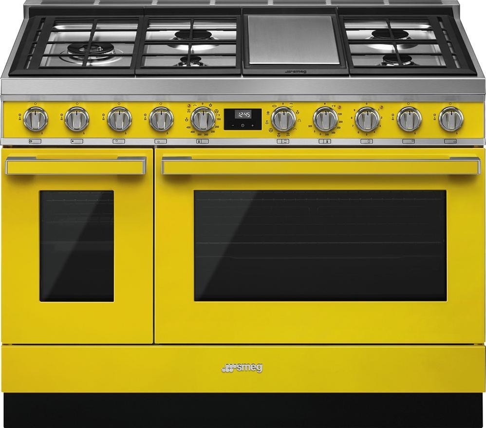 Smeg - Portofino 48" Yellow Stainless Steel 5-Burner Dual Fuel Range - CPF48UGMYW (Special Order Item)