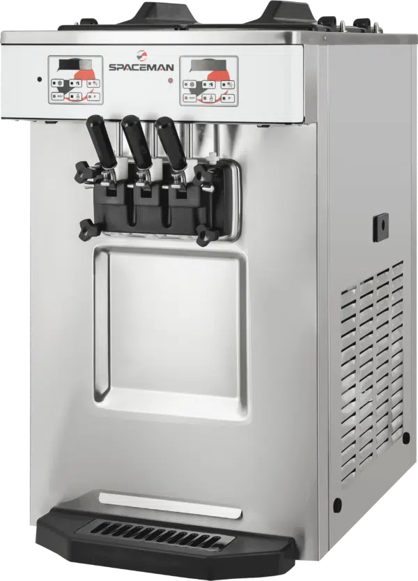 Spaceman - 208-220V Gravity-Fed Dual Flavor Air Cooled Twin Twist Countertop Soft Serve Ice Cream Machine with 2 Hoppers and 3 Dispensers - 6235-C