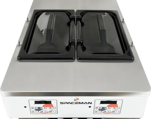 Spaceman - 208-220V Gravity-Fed Dual Flavor Air Cooled Twin Twist Countertop Soft Serve Ice Cream Machine with 2 Hoppers and 3 Dispensers - 6235-C