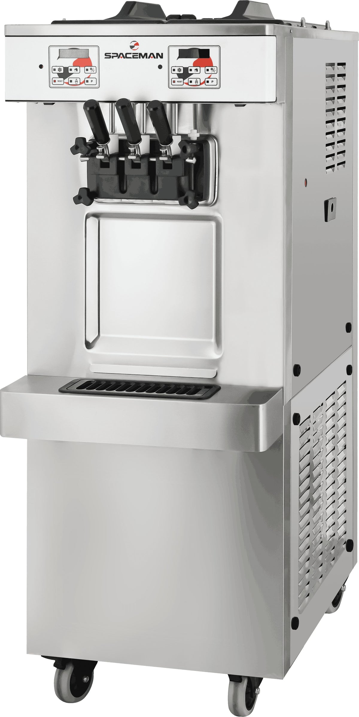 Spaceman - 208-220V Gravity-Fed Dual Flavor Air Cooled Twin Twist Countertop Soft Serve Ice Cream Machine with 2 Hoppers and 3 Dispensers - 6235-C