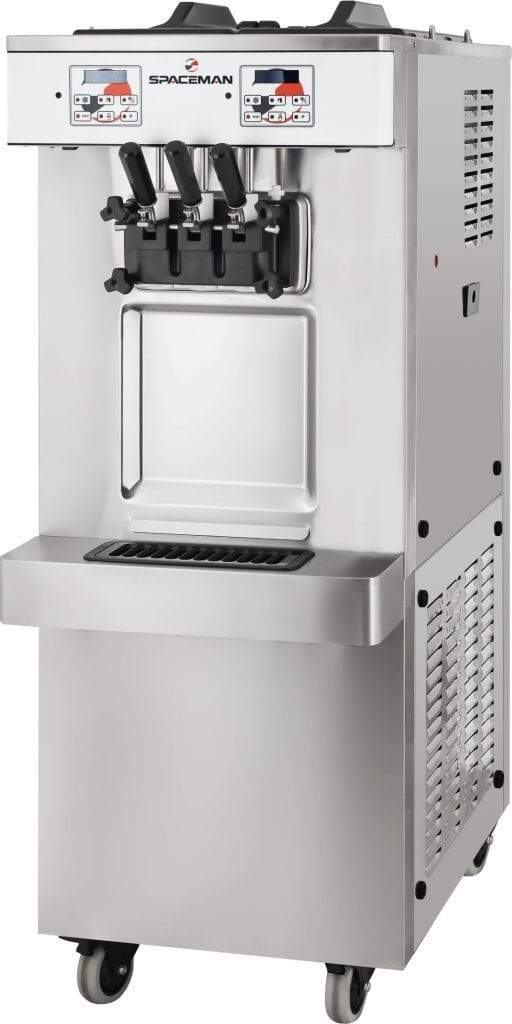 Spaceman - 208-220V Gravity-Fed Dual Flavor Air Cooled Twin Twist Free-Standing Soft Serve Ice Cream Machine with 2 Hoppers and 3 Dispensers - 6250-C
