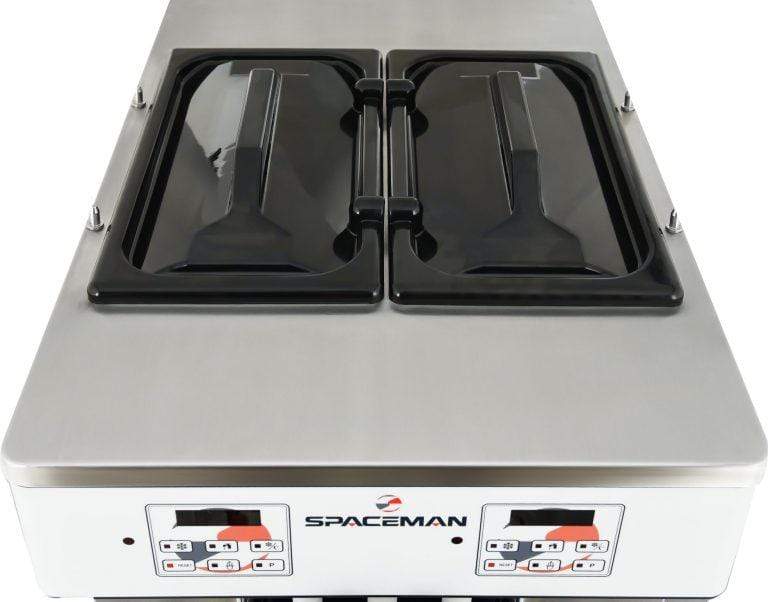Spaceman - 208-220V Gravity-Fed Dual Flavor Air Cooled Twin Twist Free-Standing Soft Serve Ice Cream Machine with 2 Hoppers and 3 Dispensers - 6250-C