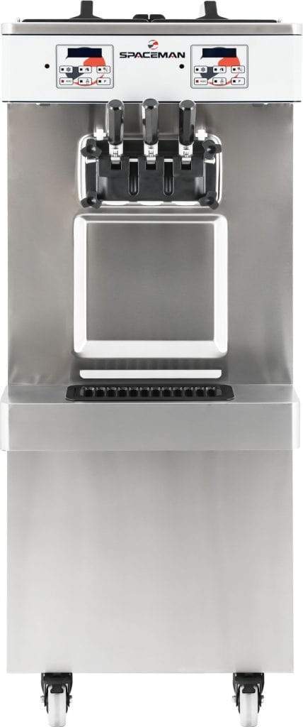 Spaceman - 208-220V Gravity-Fed Dual Flavor Air Cooled Twin Twist Free-Standing Soft Serve Ice Cream Machine with 2 Hoppers and 3 Dispensers - 6250-C