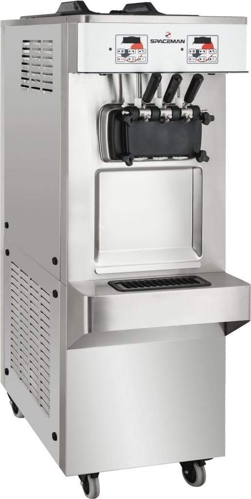 Spaceman - 208-220V Gravity-Fed Dual Flavor Air Cooled Twin Twist Free-Standing Soft Serve Ice Cream Machine with 2 Hoppers and 3 Dispensers - 6378-C