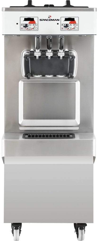 Spaceman - 208-220V Gravity-Fed Dual Flavor Air Cooled Twin Twist Free-Standing Soft Serve Ice Cream Machine with 2 Hoppers and 3 Dispensers - 6378-C