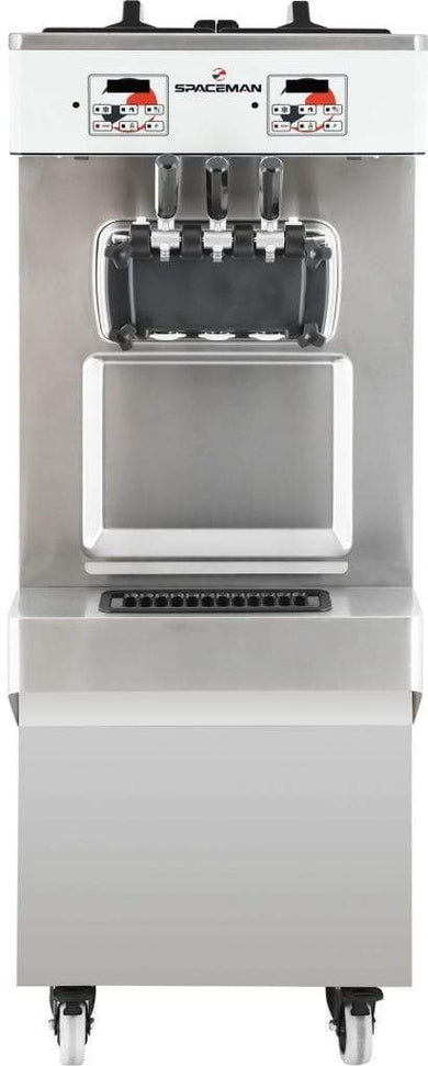 Spaceman - 208-220V Gravity-Fed Dual Flavor Air Cooled Twin Twist Free-Standing Soft Serve Ice Cream Machine with 2 Hoppers and 3 Dispensers - 6378-C