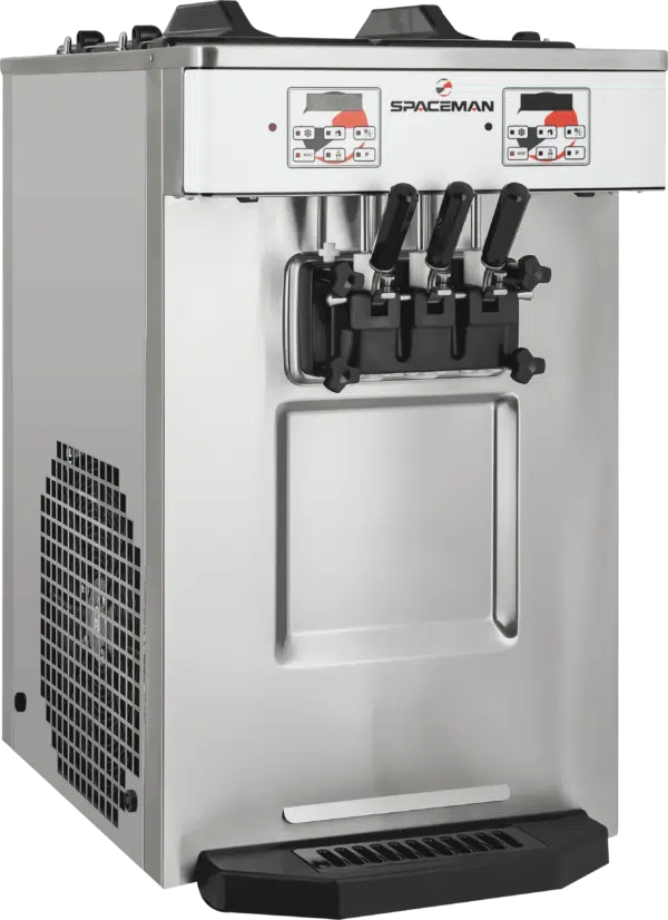 Spaceman - 208-220V Pressurized Dual Flavor Air Cooled Twin Twist Countertop Soft Serve Ice Cream Machine with 2 Hoppers and 3 Dispensers - 6235A-C